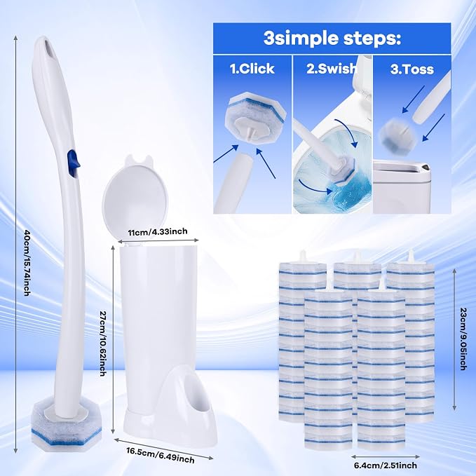 Upgraded Disposable Toilet Brush and Holder Set, 50 Toilet Wand Refills with Thickened Cleaning Layer, Won't Fall Apart, Large Opening Storage Caddy, Long Handle, for Home & Commercial Use