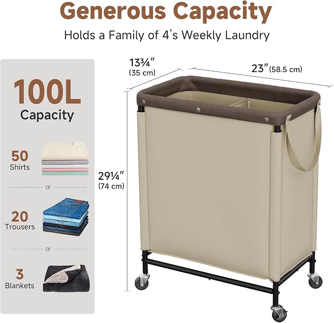StorageWorks 2 Section Laundry Hamper, 100L Tan Sorter Cart with Wheels