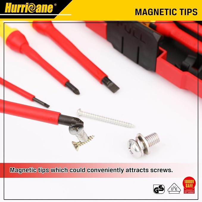 HURRICANE 13 Piece 1000V Insulated Electrician Screwdriver Set, Cr-V Magnetic Tip. 4 slotted, 2 Phillips, 2 Pozidriv, 3 Torx, 1 Electroprobe, and 1 handle. Ideal for Professional & Home Repair