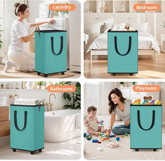 SpaceTrove Rolling Laundry Basket with Wheels, Laundry Hamper, 80L, Green | Collapsible, 4 detachable wheels including 2 with brakes, sturdy handle, metal frame, for dorms, bathrooms and bedrooms