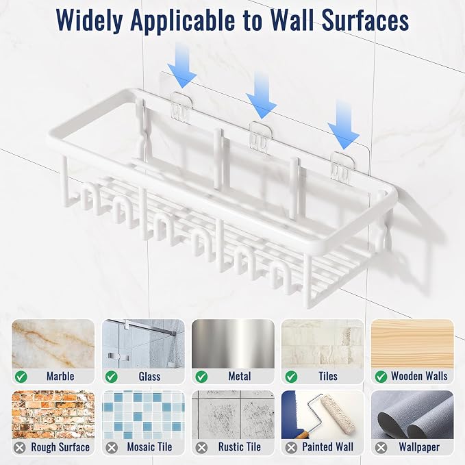 8 Pack Adhesive Rustproof Shower Caddy with Soap Dishes, Toothbrush Holder & Hooks, Large Capacity No-Drilling Shower Shelves Rack for Bathroom Organizers and Storage Accessories, White
