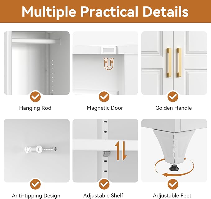 Polup Metal Armoire Wardrobe Closet with Doors and Shelves, 71" Tall Freestanding Wardrobe Cabinet for Hanging Clothes, Large Closet with Hanging Rod for Bedroom, Office, School, Employee, Gym, White