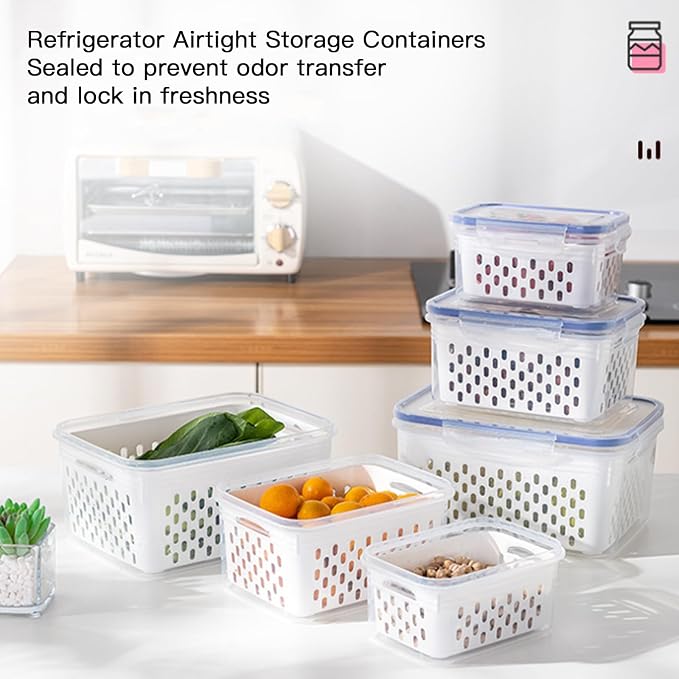 Fruit Storage Containers for Fridge, 3PCS Airtight Fruit & Vegetable Storage Containers with Removable Drain Basket, BPA-Free Berry Keeper, Stackable Refrigerator Organizer for Lettuce, Meal Prep