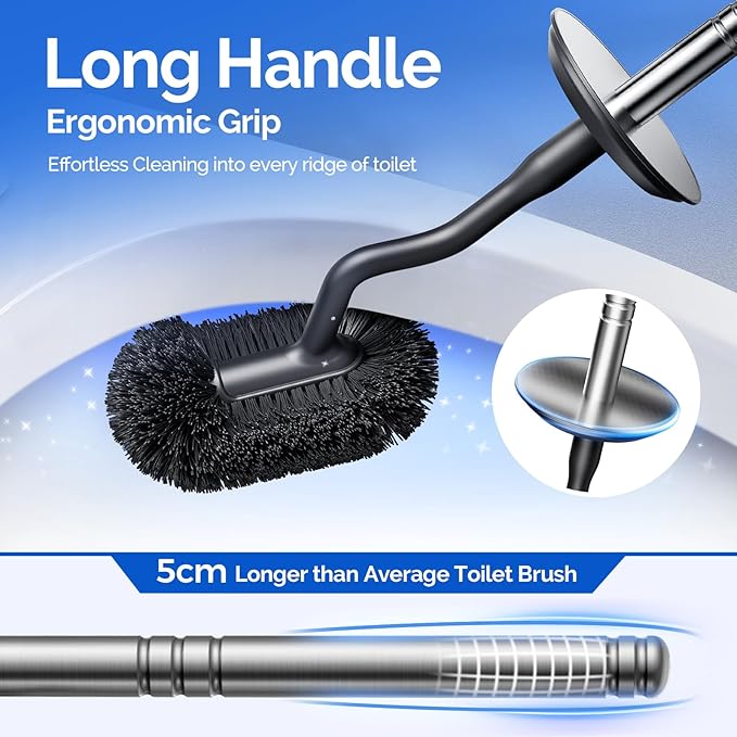 HAMITOR Toilet Brush and Holder Set: 304 Stainless Steel Heavy Duty Deep Cleaning Bowl Cleaner Brush with Curved Bristle - Space Saving Wall-Mounted for Home Apartment Bathroom Accessories Silver