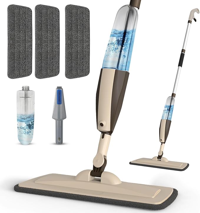 Mops for Floor Cleaning, 50 inch Spray Mop with 400ml Refillable Bottle and 3 Replacement Pads Dry Wet FloorCleaning Household or Commercial Use for Hardwood Laminate Tile Ceramic (Brown)