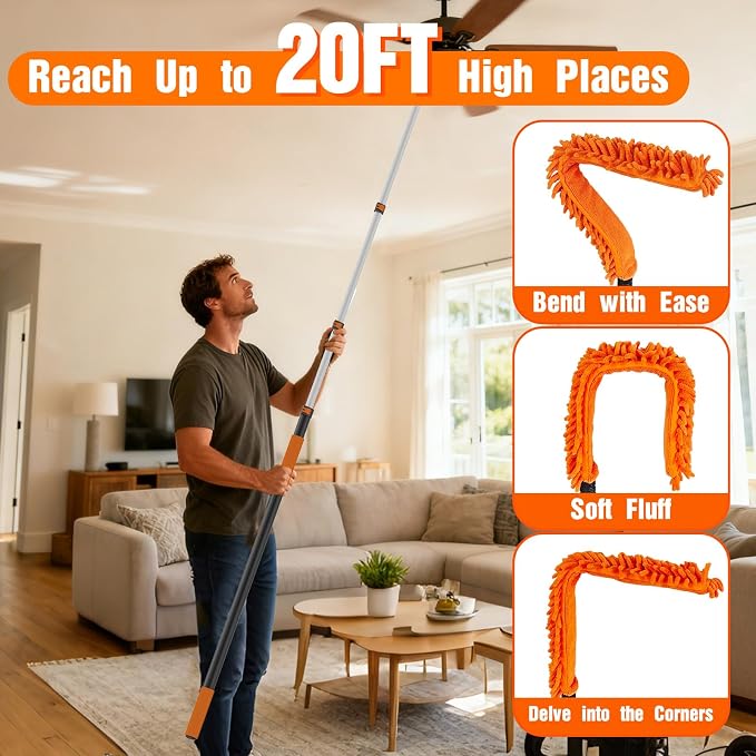SISUPASSIE 20FT Reach High Ceiling Duster Kit, Window Cleaning kit with 3-12FT Extension Pole, Fan Duster for Ceiling Fan Blades, Microfiber Feather Duster, Rotatable Window Squeegee and Cobweb Duster