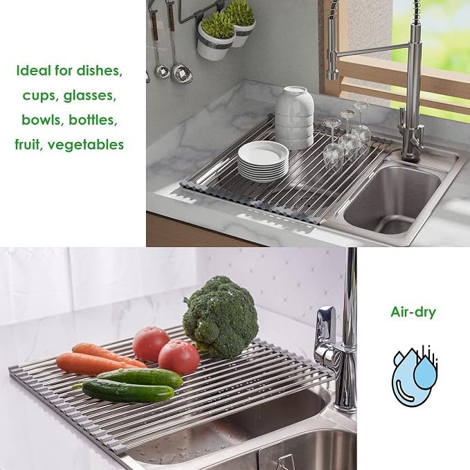 Tomorotec Roll Up Dish Drying Rack Over the Sink Grey Large Dish Drying Rack Rolling Foldable Collapsible SUS304 Stainless Steel Multipurpose Dish Drainer for Kitchen Counter (17.8”x15.7”)