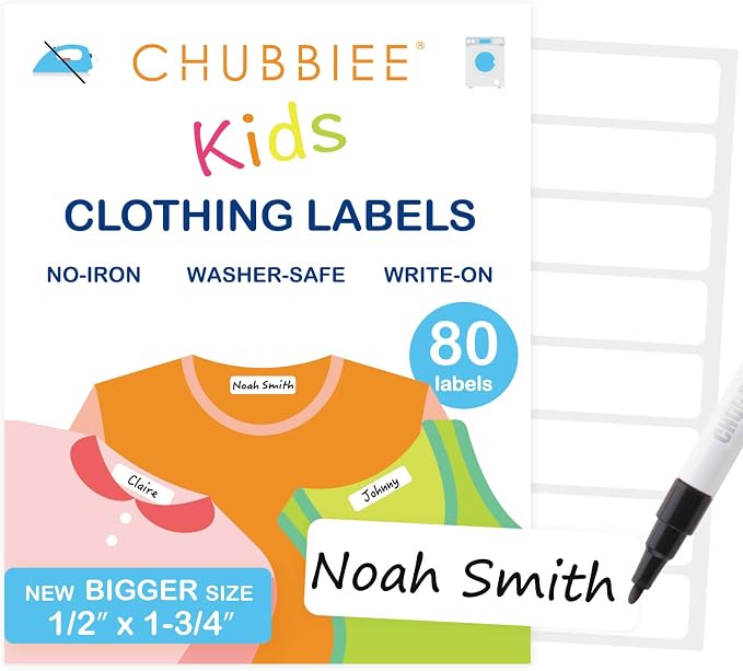 All Purpose No-Iron Kids Clothing Labels, 80-Pack | Self-Stick Write-On Fabric Labels for Camp, School, Daycare, Nursing Care, Toys, Organizing, Washer & Dryer Safe