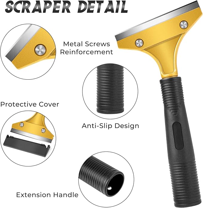 DIYSELF Razor Blade Scraper, Heavy Duty Tile Scraper with 10 SK5 Blades | Protective Cover, Razor Blade for Removing Paint, Wallpaper & Glue from Floors, Glass & Stoves, Razor Scraper Tool, Gold