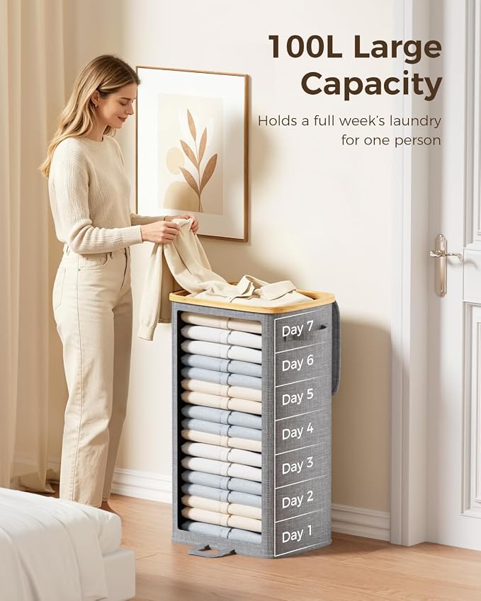 100L Laundry Hamper with Lid, Tall Dirty Clothes Hamper, Grey | Elegant bamboo appearance, Foot Loop, Removable Bag Easy to Lift and Carry, Bathroom, Bedroom, Laundry Room, Dorm