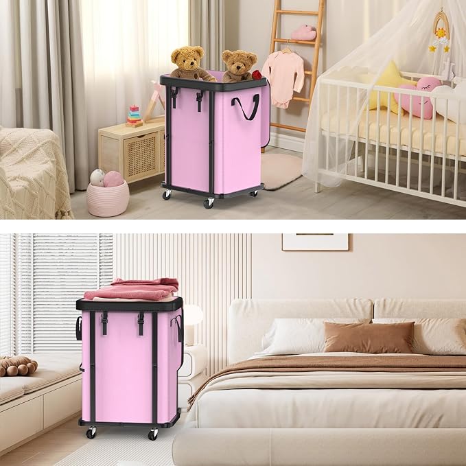 Laundry Basket with Wheels,150L (40 Gal) Rolling Hamper Carts - Pink | Leather Patchwork Laundry Hamper,Sturdy Metal Frame, Removable Washable Bag, Tall Clothes Sorter for Bedroom, Laundry Room