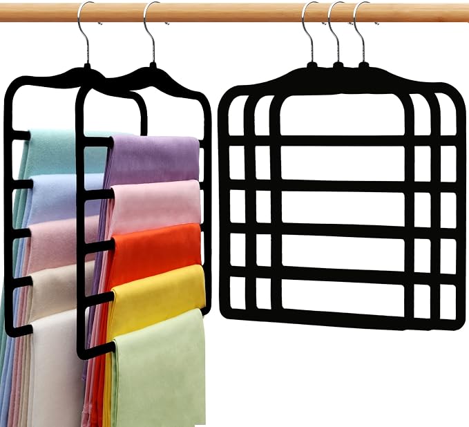 Closet Organizers and Storage, 5 Pack Velvet Pants-Hangers-Space-Saving | Non Silp 5 Tier Scarf Jeans Organizer, Dorm Room Essentials for College Students Girls Boys Guys, Home Storage