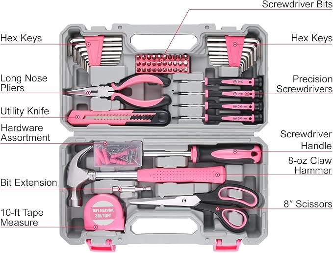 WINNER 150-Piece Pink Color All-Purpose Household Tool Kit in Toolbox Storage Case, Perfect for Women, Ladies and Girls with General Home Repairs, DIY Project, Garage, Office and College Dormitory Use