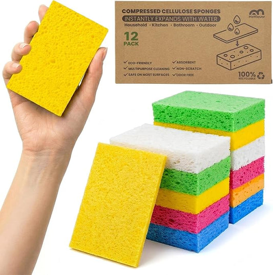 Metflavor Compressed Kitchen Sponges, 12 Count, Thick Non-Scratch Cellulose Dish Sponges, Biodegradable & Compostable, Pop-up Cleaning Sponge, 5" x 3" x 1"
