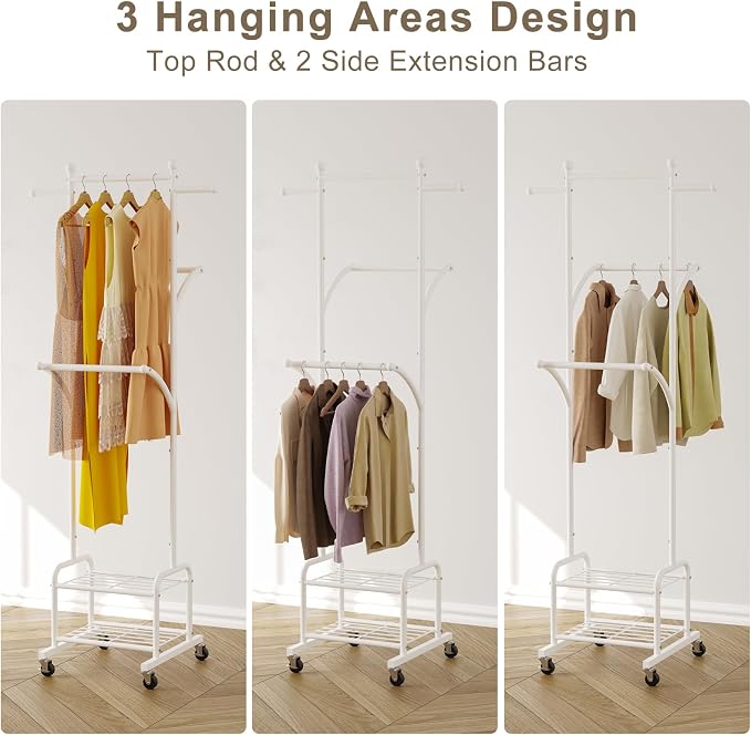 Rolling Clothes Rack with 2 Metal Shelves, 71" Portable Clothing Rack with Wheels, Small Garment Rack with 2 Side Hanging Rods, Freestanding Coat Rack for Laundry Room, Bedroom, White