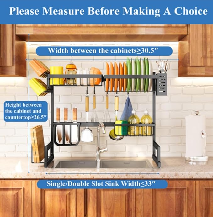 Over The Sink Dish Drainer Drying Rack,Stainless Steel Dish Dyring Rack Above Sink with Adjustable Height 25.6" to 33.5" W,Kitchen Counter Storage Shelf for Organizer Cookware,Cups,Cutting Board