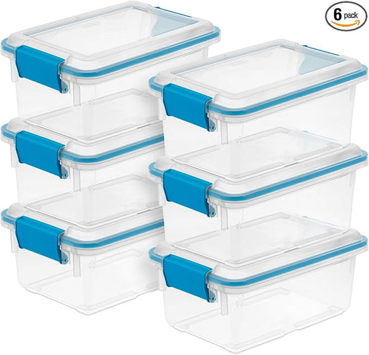 Sterilite Gasket Storage Box with Lids for Home & Office, 7.5 Quart, 6-Pack | Heavy-Duty, Stackable, and Organizing Containers for Bathroom, Cabinet, Closet, and Garage, Clear and Blue Aquarium Latches