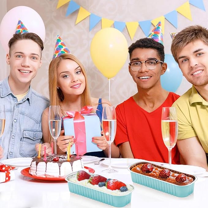 50 Pack Mini Cake Pans with Lids and Spoons, Mini Loaf Baking Pans 6.8oz, Small Disposable Aluminum Foil Loaf Pans, Rectangular Baking Containers for Party and Picnics, Cheesecake Pans (Blue)