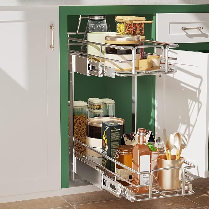 LOVMOR 2 Tier Individual Pull Out Cabinet Organizer 7½" W x 21½" D, Slide Out Kitchen Cabinet Storage Sliding Shelves