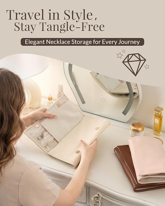 Lolalet Travel Necklace Organizer, Foldable Jewelry Case, Beige, 12 Slots | Tangle-Free, Roll Up, PU Outer, Velvet Lining, Space-Saving, for Chains Bracelets, Gift for Women Girls Daughters Friends