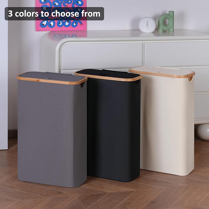 60L Slim Laundry Hamper,Laundry Basket with Lid,Tall Hamper for Laundry,Dirty Cloth Hamper with Bamboo Handle for Toys,Towels, Clothes Organizing,Black