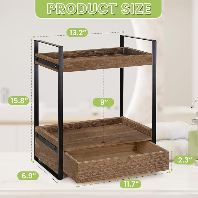 Ukonvi 2-Tier Bathroom Organizer Countertop with Drawer, Wood Counter Shelf for Storage, Vanity Tray for Organization and Decor, Countertop Organizer for Bathroom, Kitchen, Office (Dark Brown)