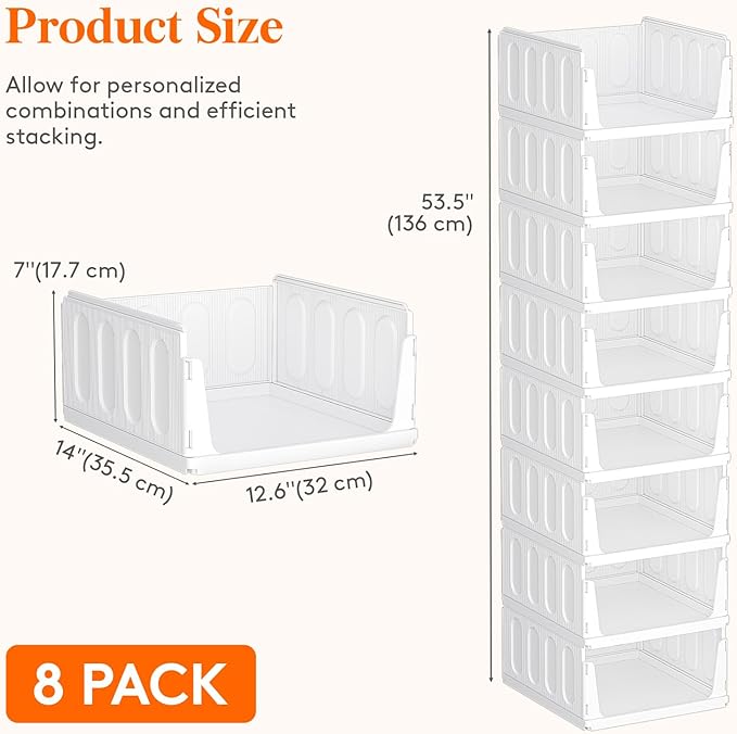 Lifewit 8 Pack Stackable Closet Organizers and Storage Basket for Clothes, Plastic Sweater Storage Bins for Wardrobe, Stacking Clothing Containers for RV, Pantry, Shelf, Kitchen, Dorm, 14" Depth