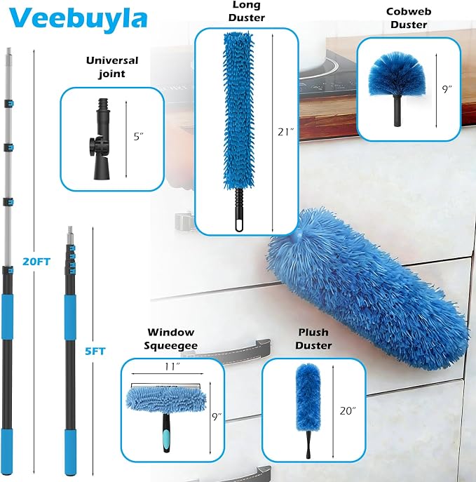 25FT Reach High Ceiling Duster Kits with 5-20FT Adjustable Pole - Includes Extra Long Duster, High Ceiling Duster, Rotatable Window Squeegee & Cobweb Duster for Ceiling Fans and Whole House Cleaning