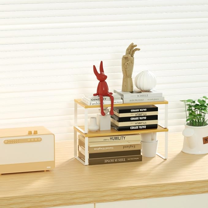 NEX Kitchen Cabinet and Counter Shelf Organizer, Stackable & Expandable, Set of 4, White and Natural - 7.7 x 15.6 x 6.2'' | Stackable Expandable Spice Rack, Pantry Organizers Space-Saving, Bathroom Countertop Storage, White and Natural