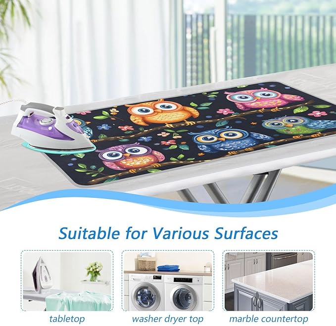 Vibrant Owls Branches Flowers Spring Ironing Mat Portable Ironing Pad Blanket with Silicone Iron Rest for Table Top Travel Heat Resistant Double-Side Using Large 47x28 Inch Foldable
