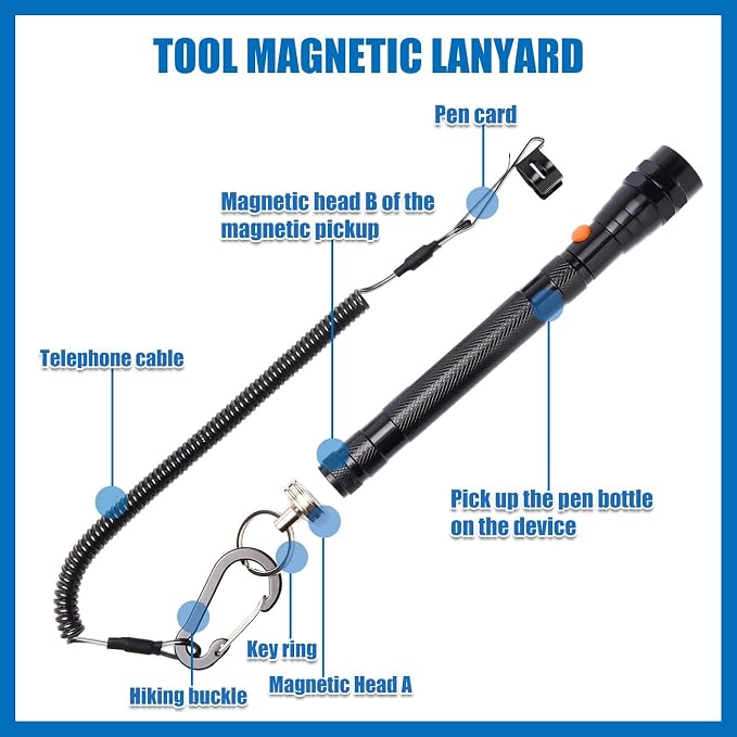 Magnetic Flashlight with Tool Magnetic Lanyard & Telescoping Magnet | Pickup Tool, Cool Gadgets, Gifts for Men, Dad, Husband, Women
