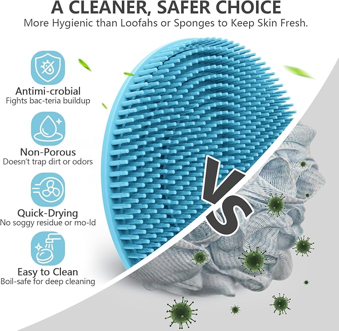 Silicone Body Scrubber 4 Pack, BEAUTAIL Gentle Exfoliating Shower Scrubber | Hygienic Silicone Loofah, Easy-Grip Handle, Soft Bath Brush for Sensitive Skin, Women, Men & Kids (Black+Blue+Pink+Green)
