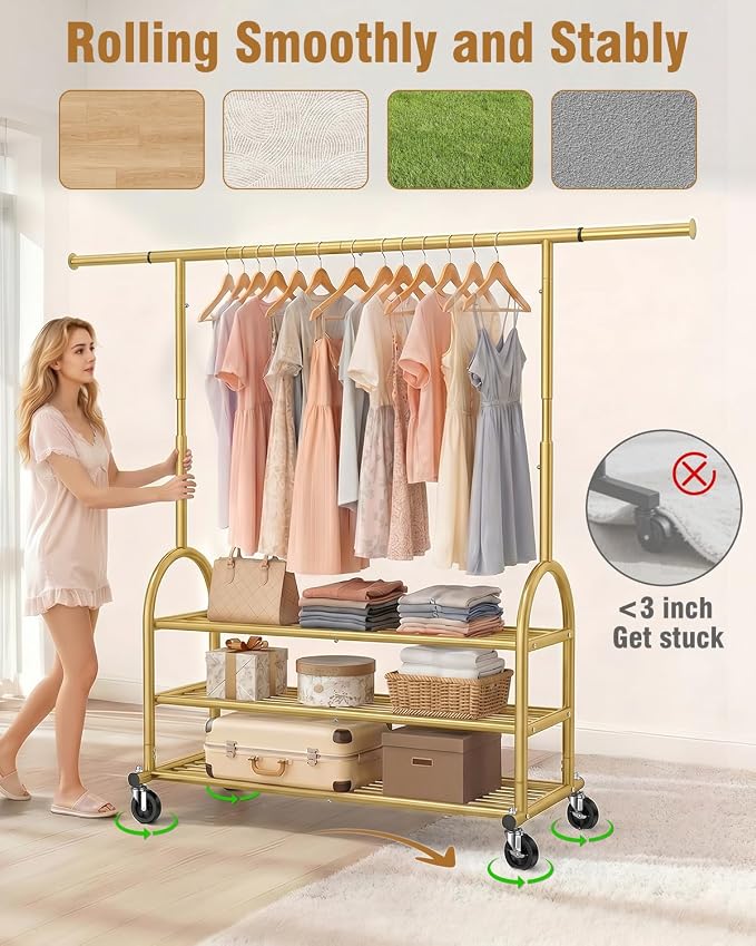 EAGMAK Heavy Duty Clothes Rack for Hanging Clothes Load 688 LBS, Height Adjustable Rolling Clothing Racks, Portable Metal Coat Rack Garment Wardrobe with Wheels and 3 Shelves for Bedroom, Gold