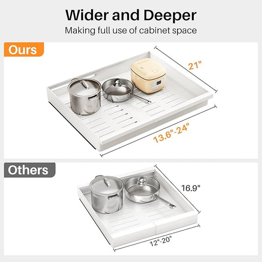 Pull out Cabinet Organizer, 1-Pack Expandable(13.6"-24") Silde out Drawers with Raising Pad for Framed Cabinets, Adjustable Full-Extension Adhesive Roll out Shelves for Kitchen Pantry Home Pot and Pan