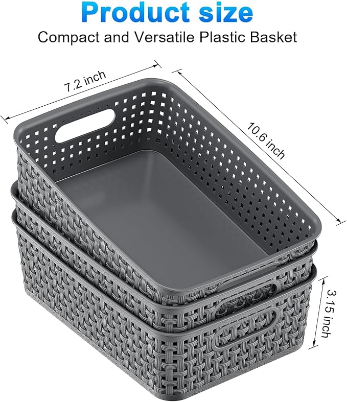 FUCDTEFC Black Plastic Basket, 8 Pack Home Organization and Storage Baskets with Handles, Space Saving Woven Organizer Bins Plastic Storage Basket for Organizing Cabinets,Closets, Shelves, Countertops