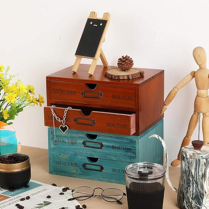 Small Wooden Drawers Wooden Box with Drawer Brown | 2 Drawer Storage Box for Apothecary Cabinet, Apothecary Drawers，Desktop Organizer with Metal Handles for Office，Home