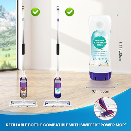 Refillable Bottle for Swiffer® Power Mop™ - 720 ML/24 FL OZ - Leak-Proof HDPE Material Solution Bottle, 1 Empty Bottle + 6 Silicone Pads + 1 Foldable Funnel