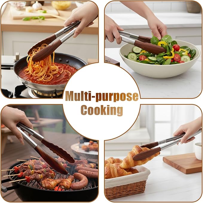 Wooden Tongs for Cooking with Stainless Steel Long Handle – Non-Slip Design, Hanging Hole, Perfect for BBQ, Salad Tossing & Serving, Household Creative Cooking Tongs (9 Inch)