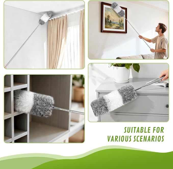 15-Piece Microfiber Feather Duster Set with Extension Pole (16.1" to 100"), Bendable Flat Duster for Under Appliances, Cobweb & Ceiling Fan Duster for Cobweb, Ceiling Fan, Blind, Furniture