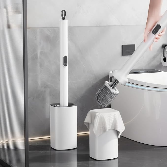 Extendable Toilet Brush & Holder Set, Disposable Toilet Brush – Silicone Head, Hands-Free Wet Wipe Attachment, Easy & Mess-Free Cleaning (White)