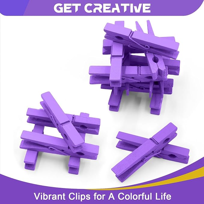 100 Pcs Purple Clothes pins - 2.9 Inch Wooden Clothespins Cheer Clips | Vibrant for Crafts Classroom Decorations Clothing Pictures Laundry Solid Wood No Splinters Fade‑Proof