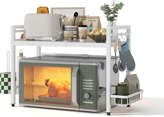 NETEL 2 Tier Expandable Microwave Stand countertop,Microwave Oven Rack | microwave shelf, storage shelf for pans &appliances,with Paper Towel Holder and Baskets，8 Hooks,55lbs max load,White