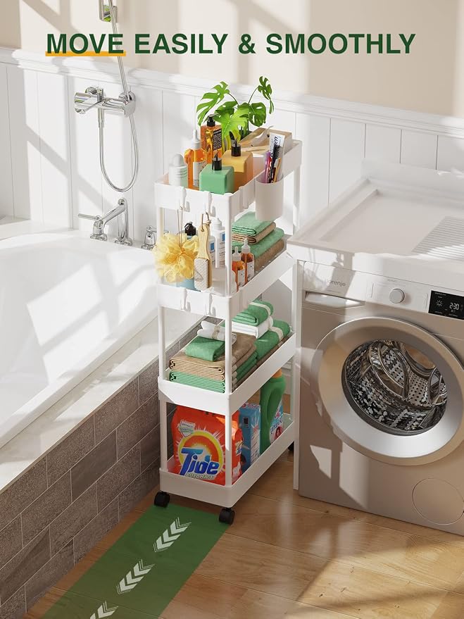 LEHOM Slim Rolling Storage Cart - 4 Tiers Bathroom Organizer Utility Cart | Slide Out Storage Shelves Mobile Shelving Unit for Kitchen, Bedroom, Office, Laundry Room, Small Narrow Spaces (7.1" W+White)