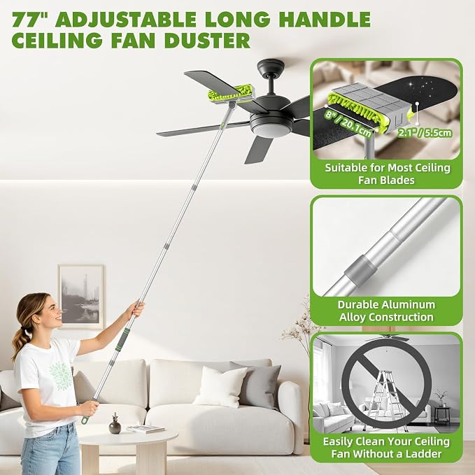 Ceiling Fan Cleaner Duster with 6 Ft/77'' Extendable Handle | Microfiber Chenille Duster for Cleaning Ceiling Fan Blades, Vents, and Hard to Reach High Places