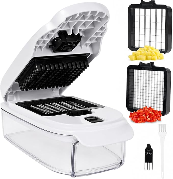 2-in-1 Vegetable Dicer, Onion Chopper, 1.5L Container, White Black | Two dicing sizes for everyday onionsand salad prep