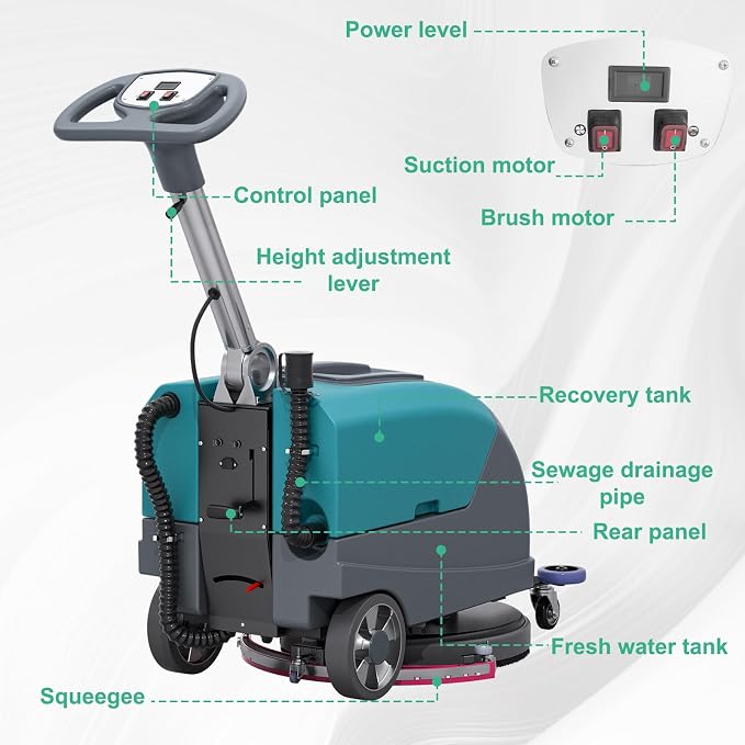 Walk-Behind Floor Scrubber Dryer with 16" Scrub Path, 24" Suction Width, 11-gal Sewage Tank, 10-Clear water tank, Foldable Walk Behind Hand Push Floor Scrubber 24000 Sqft/h