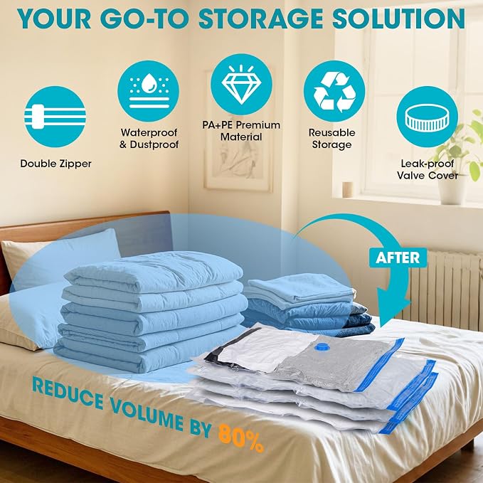 30 Pack Vacuum Storage Bags with Hand Pump, Compression Space Saver Vacuum Seal Bags 6 Jumbo/6 Large/6 Medium/6 Small/6 Roll Up Bags for Clothing Travel Comforters Blankets Pillows Bedding Duvets