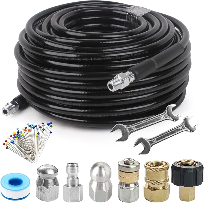 NAMOTEK Sewer Jetter Kit for Pressure Washer 50FT Drain Cleaner Hose 5800PSI NPT 1/4 Inch Hose Button Nose and Rotating Sewer Jetting Nozzle, Orifice 4.0, 4.5