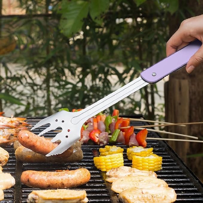 ROXON S601 6-in-1 Folding Grill Tool Set,14"BBQ Utensils for Camping Purple | Includes Fork, Spatula, Knife, Tongs, Bottle Opener & Corkscrew. LFGB Certified, Dishwasher-Safe, Portable for Outdoor BBQ