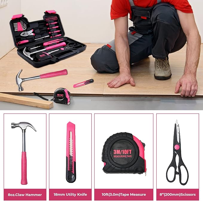 39 Piece Basic Tool kit for Women, All Purpose Pink Tool ser Household Hand Tools with Toolbox for Home Repairs, College Dorm Essentials, DIY Crafts & Gifts